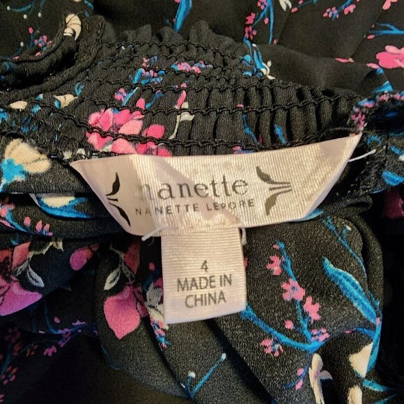 Nanette Lepore Floral Midi Dress | Size 4 | Black Hi-Low Hem | Smocked Waist/Cuf - Picture 6 of 10